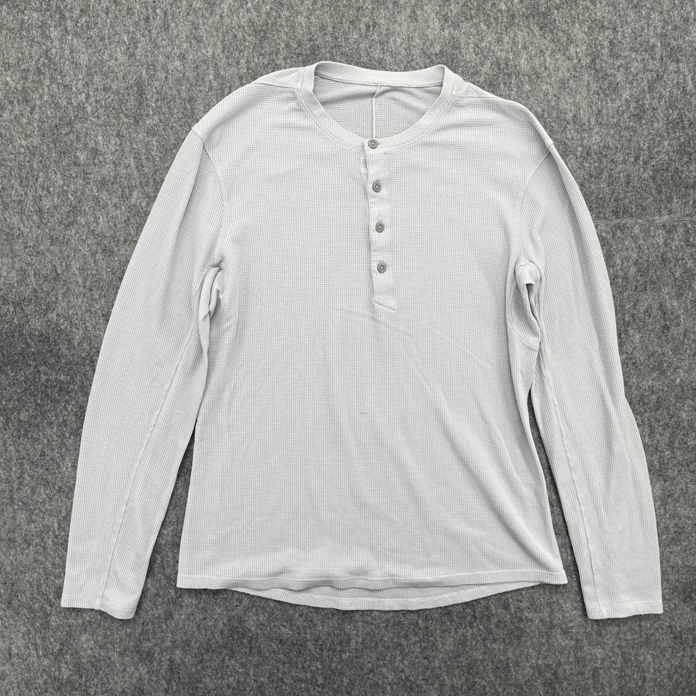 Lululemon Shirt Mens Medium Waffle Knit Henley Long Sleeve Light Gray Thermal